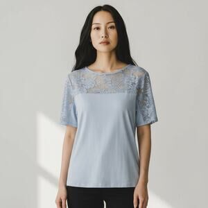 Anne Fontaine Blue Short Sleeve Pevina Top Blouse with Lace NEW Size 44 12